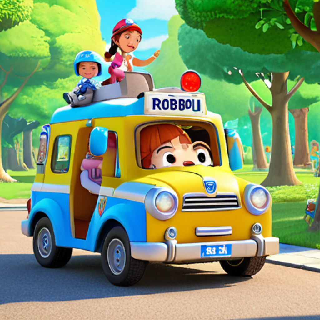 **

Prompt: A vibrant and colorful scene from *Robocar Poli*. Poli, Roy, Amber, and Helly are working together to rescue a child who is lost in a park. The background shows a sunny day and happy children playing. The focus should be on teamwork, problem-solving, and a sense of community.

**
