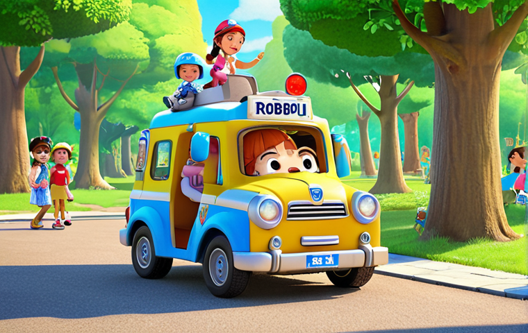 **
Prompt: A vibrant and colorful scene from *Robocar Poli*. Poli, Roy, Amber, and Helly are working together to rescue a child who is lost in a park. The background shows a sunny day and happy children playing. The focus should be on teamwork, problem-solving, and a sense of community.
**
