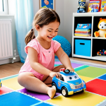 **

A child happily playing with Robocar Poli transforming toys on a colorful playmat, surrounded by books and other Robocar Poli merchandise. The scene is bright and cheerful, capturing the joy of imaginative play. The focus is on the child's engagement and the variety of available toys.

**