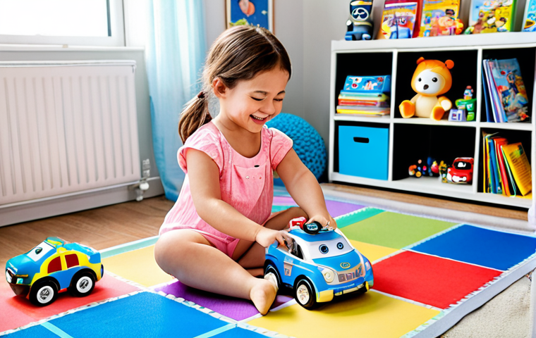 **
A child happily playing with Robocar Poli transforming toys on a colorful playmat, surrounded by books and other Robocar Poli merchandise. The scene is bright and cheerful, capturing the joy of imaginative play. The focus is on the child's engagement and the variety of available toys.
**