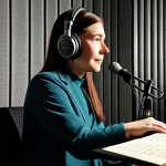A professional female voice actor in a modest, contemporary studio outfit, seated comfortably in a soundproof recording booth. She wears professional over-ear headphones and speaks expressively into a high-quality condenser microphone, holding a script on a music stand. The background features acoustic panels and subtle ambient studio lighting. The image emphasizes concentration and the creative process. Safe for work, appropriate content, fully clothed, professional dress, perfect anatomy, correct proportions, natural pose, well-formed hands, proper finger count, high-quality photograph, studio portrait.