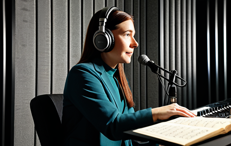 A professional female voice actor in a modest, contemporary studio outfit, seated comfortably in a soundproof recording booth. She wears professional over-ear headphones and speaks expressively into a high-quality condenser microphone, holding a script on a music stand. The background features acoustic panels and subtle ambient studio lighting. The image emphasizes concentration and the creative process. Safe for work, appropriate content, fully clothed, professional dress, perfect anatomy, correct proportions, natural pose, well-formed hands, proper finger count, high-quality photograph, studio portrait.