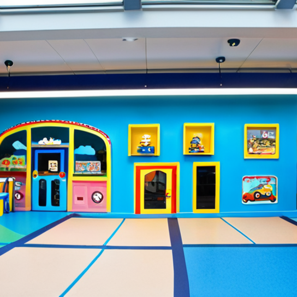 Robocar Poli Kids' Cafe - Interactive Play**

"A vibrant and colorful kids' cafe scene featuring children fully clothed in play vests interacting with a Broomstown themed play area. Kids are engaged in activities like driving toy cars on miniature roads and participating in a simulated rescue mission. Soft play areas are visible in the background. The cafe is clean, well-lit, and safe for work. Focus on teamwork and problem-solving. The scene should be family-friendly and appropriate content. Perfect anatomy, natural proportions, professional photography, high quality, modest clothing."

**