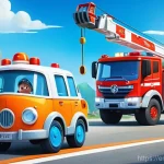 로보카폴리와 사회적 메시지 - A vibrant and detailed illustration of the Robocar Poli team, including Poli, Roy, Amber, and Helly,...