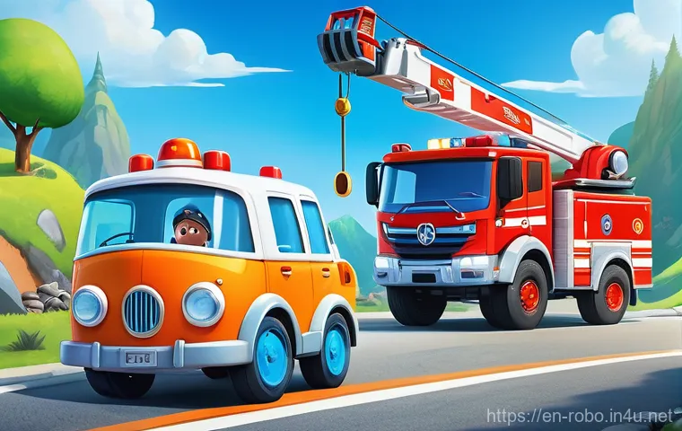 로보카폴리와 사회적 메시지 - A vibrant and detailed illustration of the Robocar Poli team, including Poli, Roy, Amber, and Helly,...