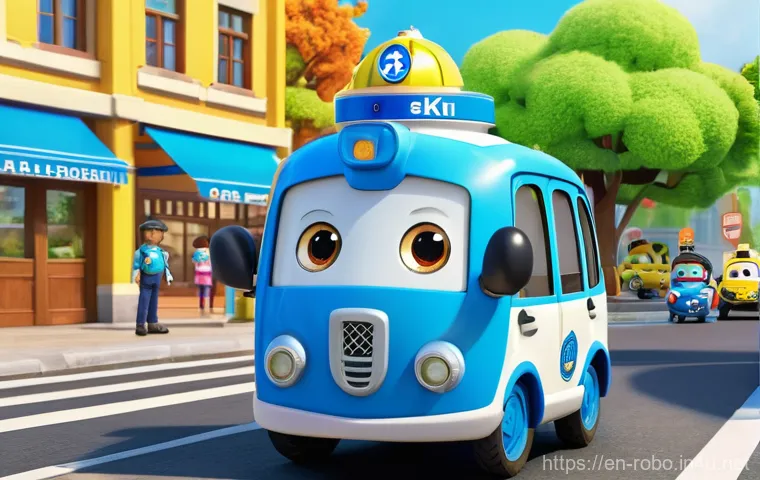 로보카폴리와 사회적 메시지 - A vibrant and detailed illustration of the Robocar Poli team, including Poli, Roy, Amber, and Helly,...