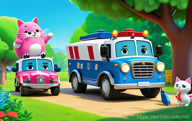 로보카폴리 애니메이션 장르 분석 - **Prompt 1: Brooms Town Teamwork Rescue**
    "A vibrant, 3D animated scene depicting the Robocar Po...