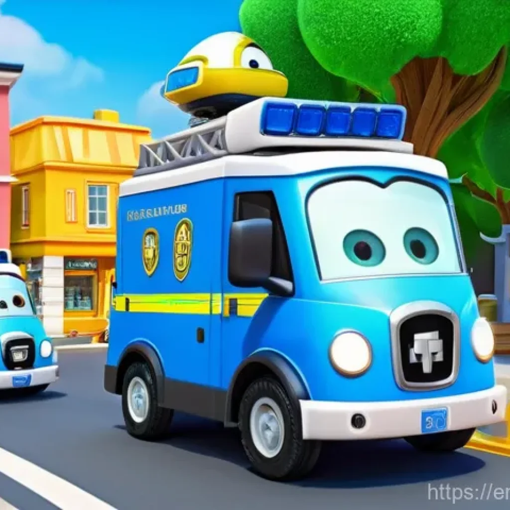 로보카폴리의 영향력 - A dynamic and vibrant animation still of the Robocar Poli rescue team in action, showcasing their ex...