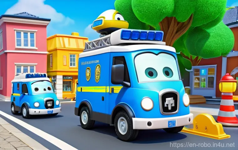 로보카폴리의 영향력 - A dynamic and vibrant animation still of the Robocar Poli rescue team in action, showcasing their ex...