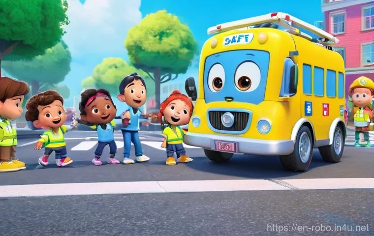 로보카폴리의 영향력 - A dynamic and vibrant animation still of the Robocar Poli rescue team in action, showcasing their ex...
