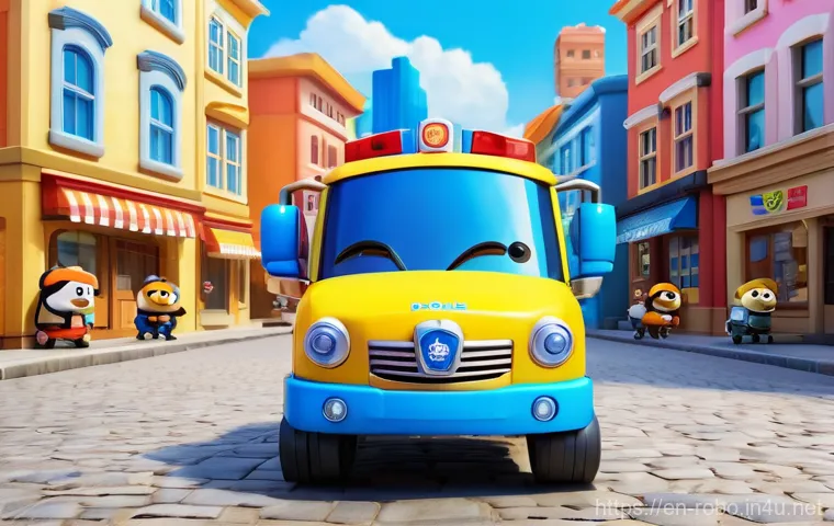 로보카폴리와 언어 학습 - **Prompt:** A cozy and brightly lit living room filled with soft colors. A happy and engaged 4-year-...