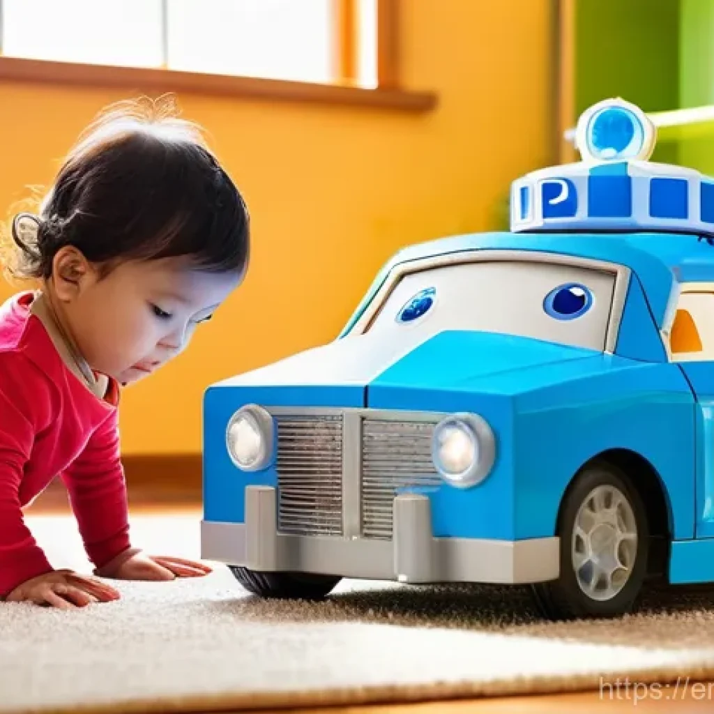 로보카폴리 폴리 장난감 - **Prompt:** A heartwarming scene of a young child, approximately 5 years old, with bright, curious e...