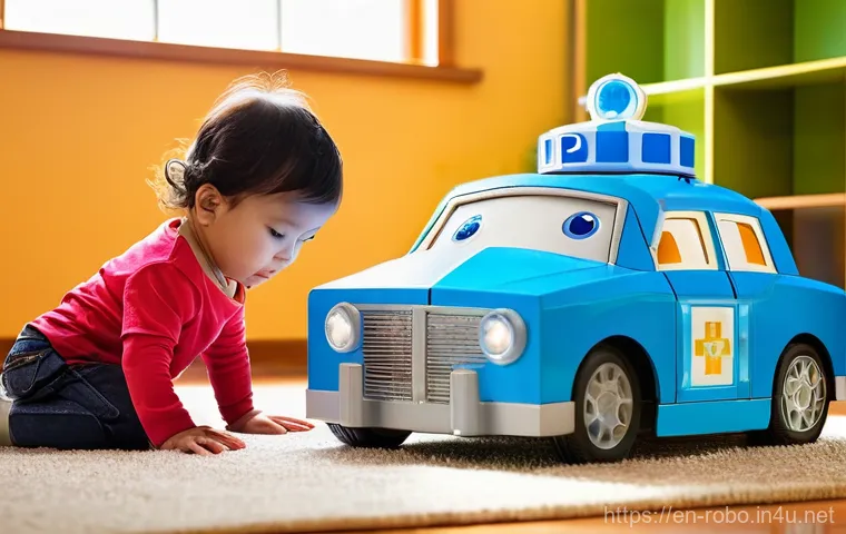 로보카폴리 폴리 장난감 - **Prompt:** A heartwarming scene of a young child, approximately 5 years old, with bright, curious e...
