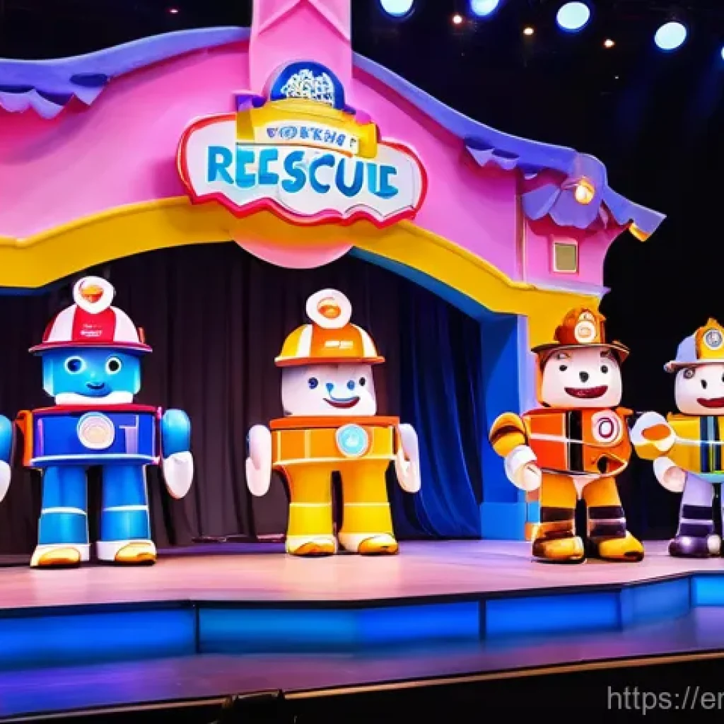 로보카폴리 어린이 인형극 - **Prompt:** A dynamic, vibrant live stage show featuring the Robocar Poli rescue team. Poli, Amber, ...