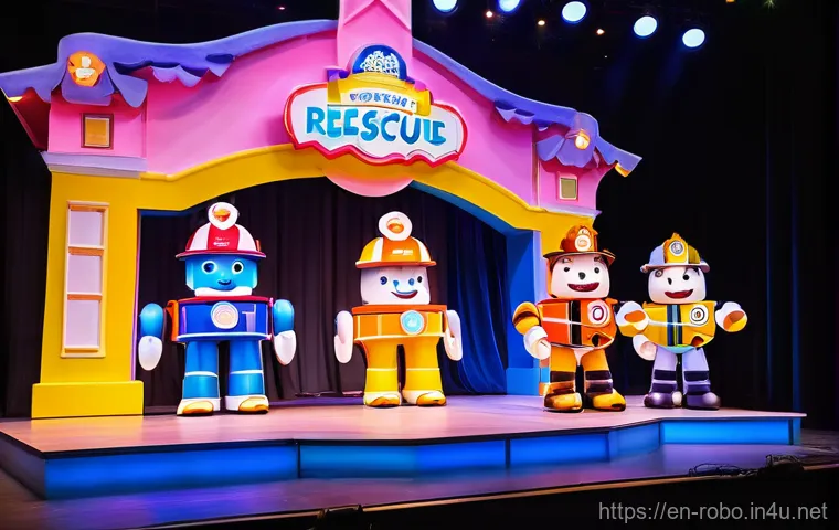 로보카폴리 어린이 인형극 - **Prompt:** A dynamic, vibrant live stage show featuring the Robocar Poli rescue team. Poli, Amber, ...