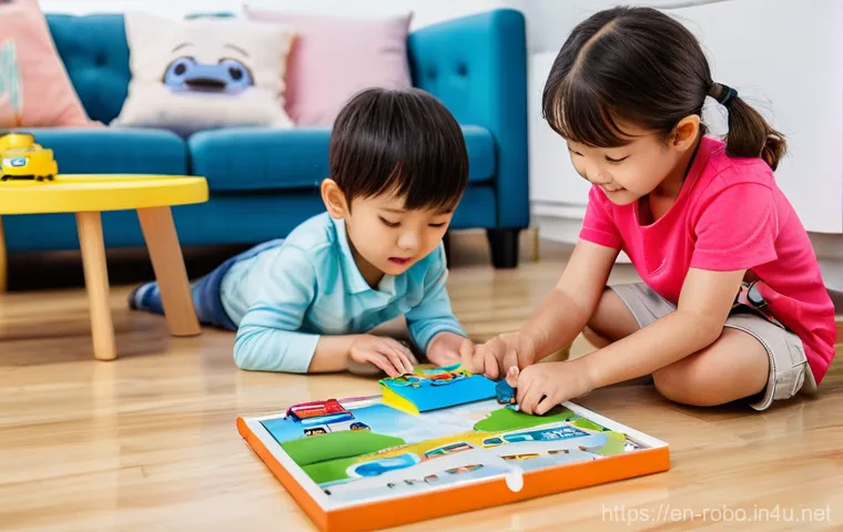 로보카폴리 어린이 인형극 - **Prompt:** A close-up shot of a diverse group of children, approximately 4-8 years old, sitting att...