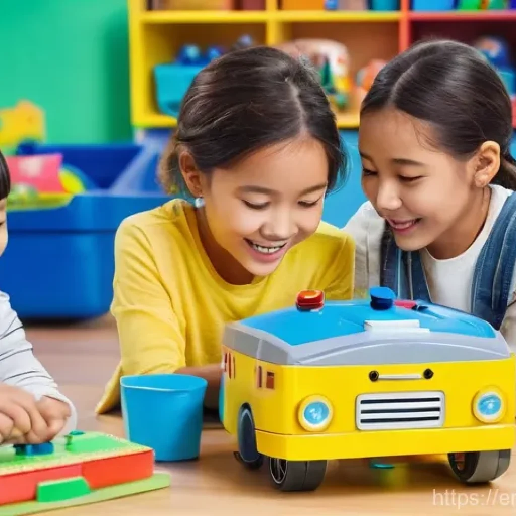 로보카폴리와 브랜드 협력 - **Prompt:** A group of cheerful, diverse children, aged 5-7, are happily playing in a brightly lit, ...