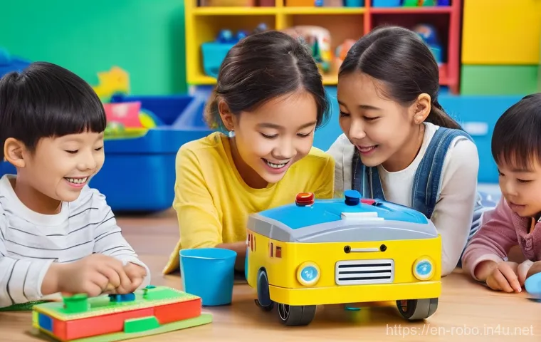 로보카폴리와 브랜드 협력 - **Prompt:** A group of cheerful, diverse children, aged 5-7, are happily playing in a brightly lit, ...