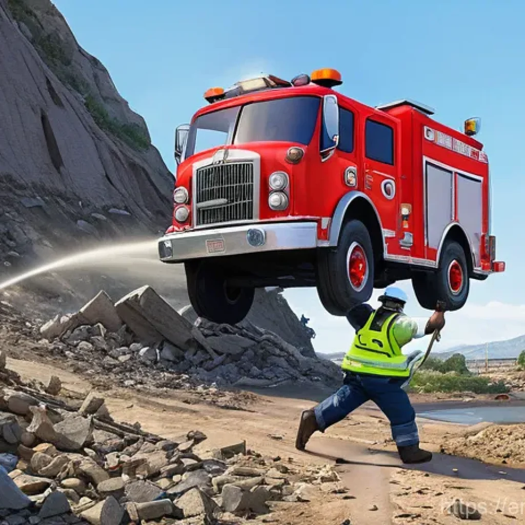 로보카폴리의 명장면 모음 - **Prompt Title: The Broom's Town Landslide Rescue**
A vibrant, high-angle animated illustration ...