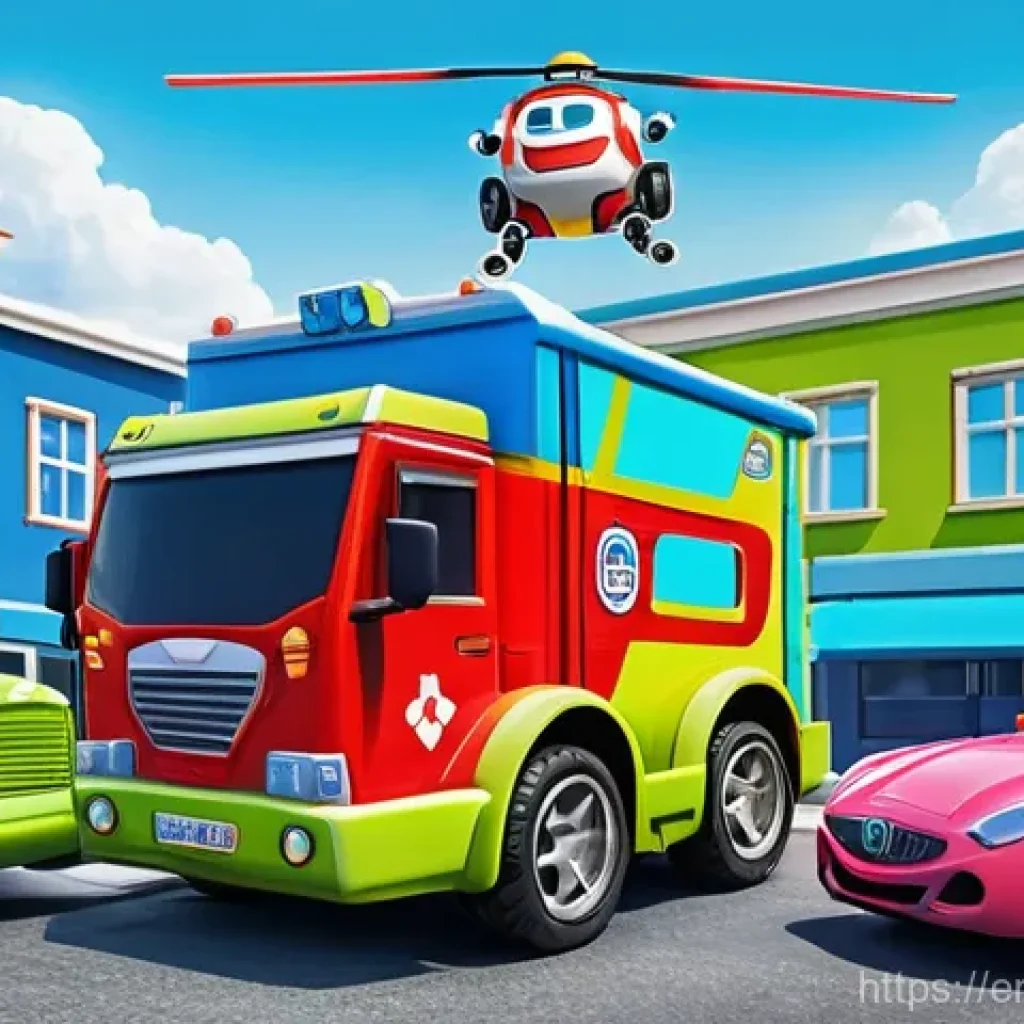 로보카폴리 관련 인터뷰 - **Prompt:** A vibrant, 3D animated scene in the distinctive style of "Robocar Poli," showcasing the ...