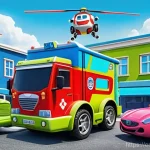 Home 5 로보카폴리 관련 인터뷰 - **Prompt:** A vibrant, 3D animated scene in the distinctive style of "Robocar Poli," showcasing the ...