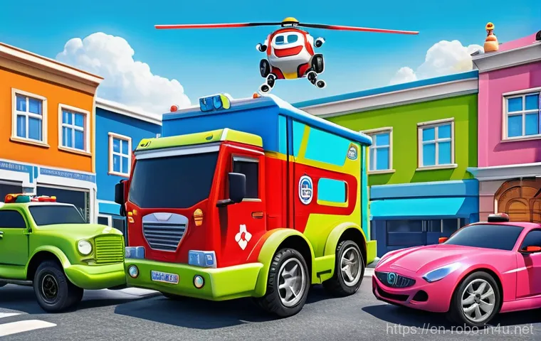 로보카폴리 관련 인터뷰 - **Prompt:** A vibrant, 3D animated scene in the distinctive style of "Robocar Poli," showcasing the ...