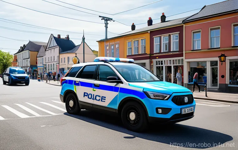 로보카폴리 브룸스타운 주민 소개 - **A determined Poli, the blue police car, stands confidently at the forefront, observing a minor com...