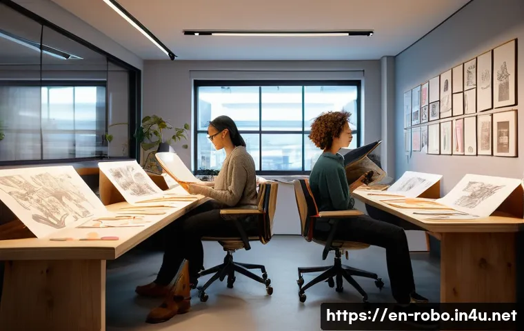 로보카폴리 애니메이션 제작 도구 - **"Creative Spark: Character Sketching Session"**
A bright, wide-angle shot of a bustling animat...