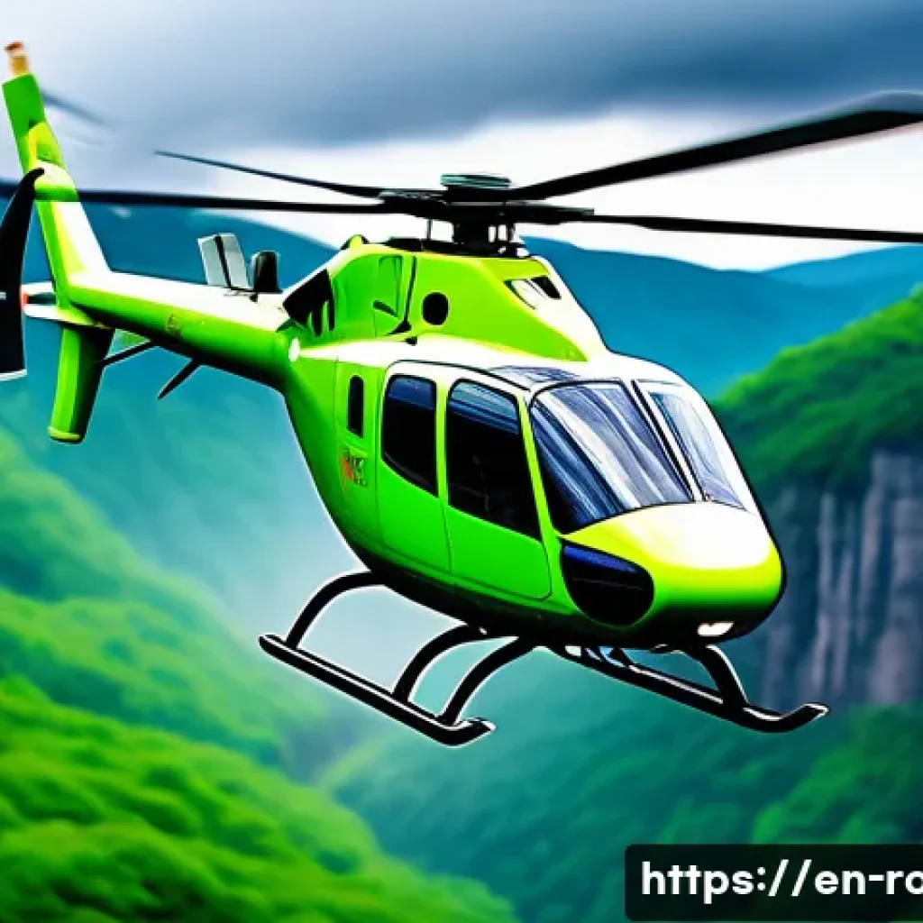 로보카폴리 헬리 특징 - A bright green and white cartoon helicopter named Helly flying skillfully through a narrow rocky can...