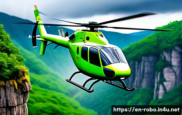 로보카폴리 헬리 특징 - A bright green and white cartoon helicopter named Helly flying skillfully through a narrow rocky can...