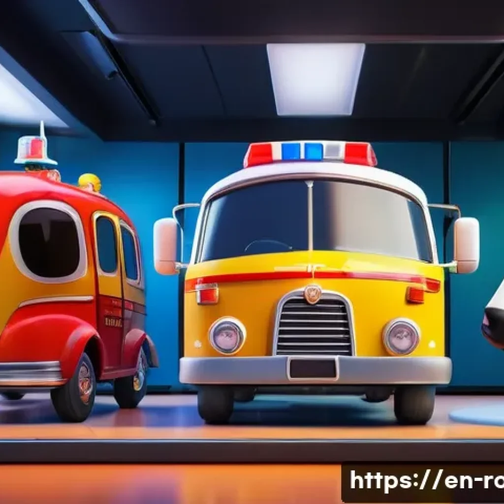 로보카폴리 배우 인터뷰 - A vibrant studio scene showing four animated characters from a children's rescue team—Poli the polic...