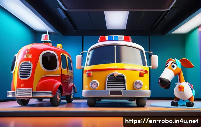 로보카폴리 배우 인터뷰 - A vibrant studio scene showing four animated characters from a children's rescue team—Poli the polic...