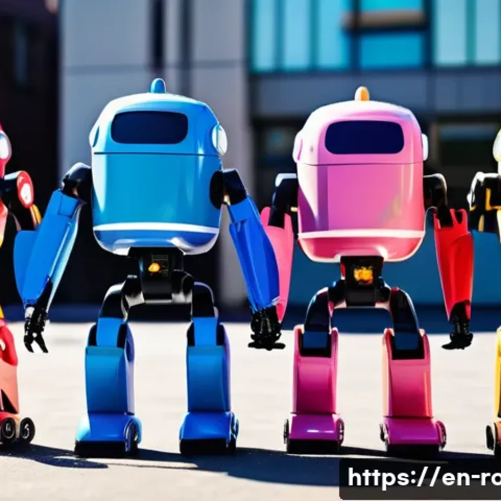 로보카폴리의 독창적인 디자인 요소 - A group of colorful, child-friendly rescue robots standing together in a bright, simple cityscape wi...