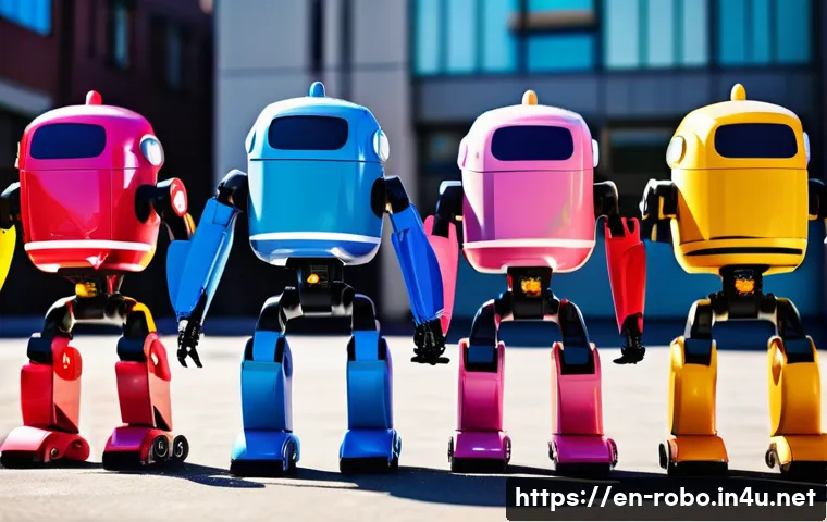 로보카폴리의 독창적인 디자인 요소 - A group of colorful, child-friendly rescue robots standing together in a bright, simple cityscape wi...