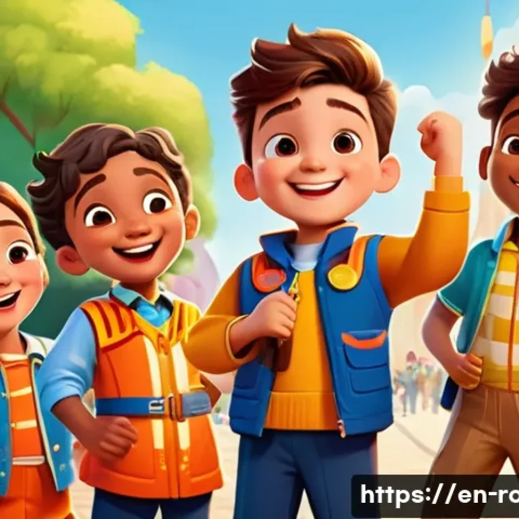 로보카폴리 애니메이션 배경 음악 - A vibrant children’s animated scene showing a diverse group of young heroes in colorful uniforms, ea...