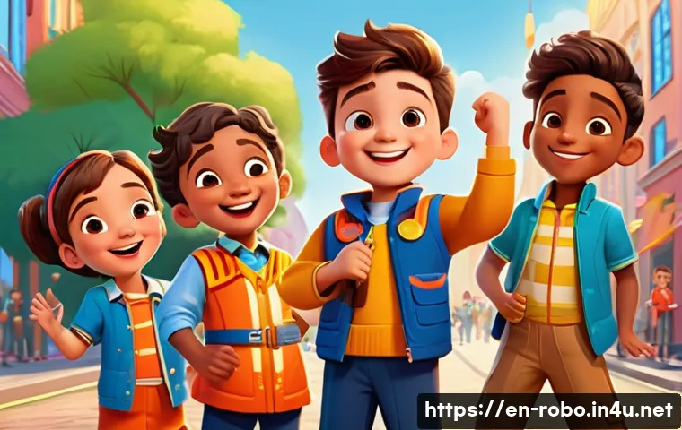 로보카폴리 애니메이션 배경 음악 - A vibrant children’s animated scene showing a diverse group of young heroes in colorful uniforms, ea...