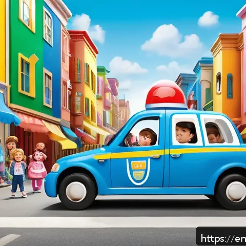 로보카폴리 주제곡 분석 - A vibrant, playful children's animation scene inspired by Robocar Poli’s theme: colorful rescue vehi...