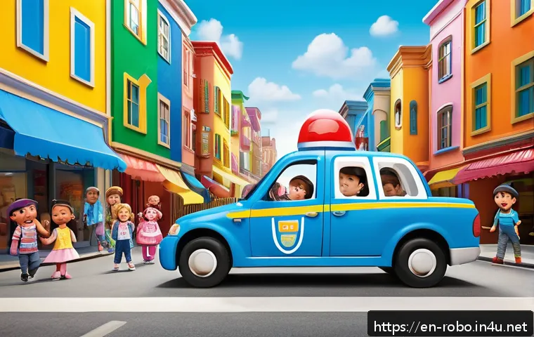로보카폴리 주제곡 분석 - A vibrant, playful children's animation scene inspired by Robocar Poli’s theme: colorful rescue vehi...