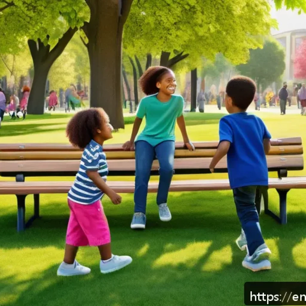 로보카폴리 브룸스타운 문화 - A sunny neighborhood park scene showing diverse children playing team games on a green lawn, wearing...