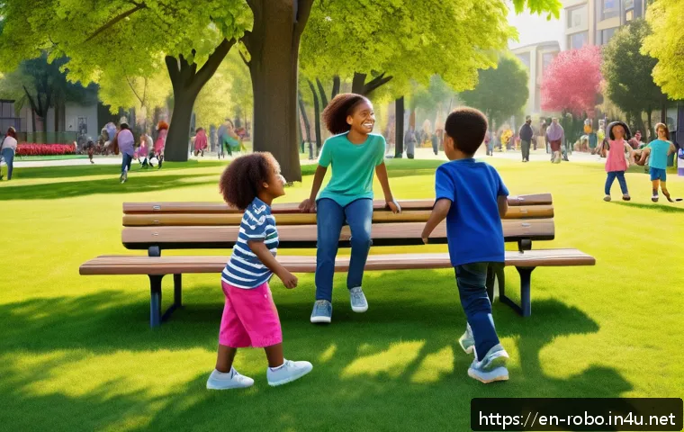 로보카폴리 브룸스타운 문화 - A sunny neighborhood park scene showing diverse children playing team games on a green lawn, wearing...