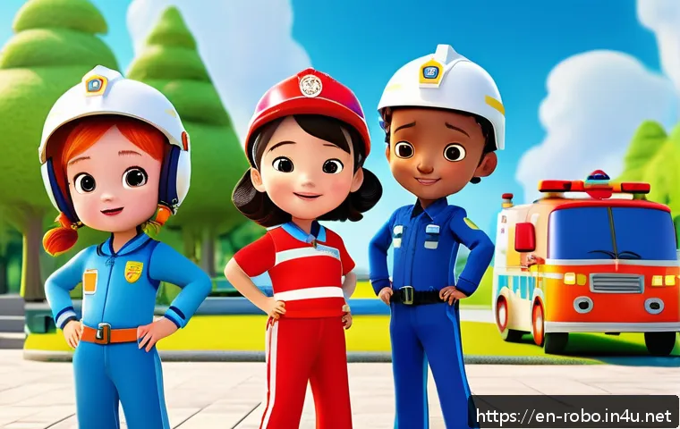 로보카폴리 시즌2 요약 - A vibrant scene of Robocar Poli team working together on a rescue mission in a sunny urban park, fea...
