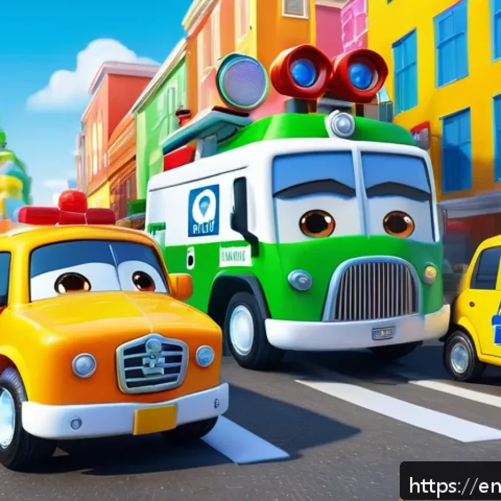 로보카폴리 제작 배경 - A vibrant and dynamic scene featuring Robocar Poli characters—Poli the police car, Amber the ambulan...
