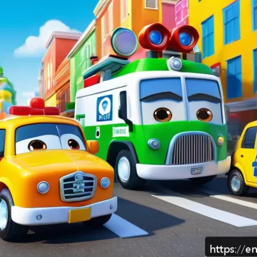 Home 31 로보카폴리 제작 배경 - A vibrant and dynamic scene featuring Robocar Poli characters—Poli the police car, Amber the ambulan...