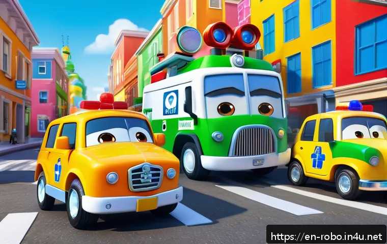 로보카폴리 제작 배경 - A vibrant and dynamic scene featuring Robocar Poli characters—Poli the police car, Amber the ambulan...