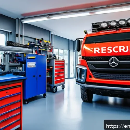 Home 30 로보카폴리 정비소 이야기 - A detailed scene inside a modern rescue vehicle repair shop featuring a diverse team of skilled mech...