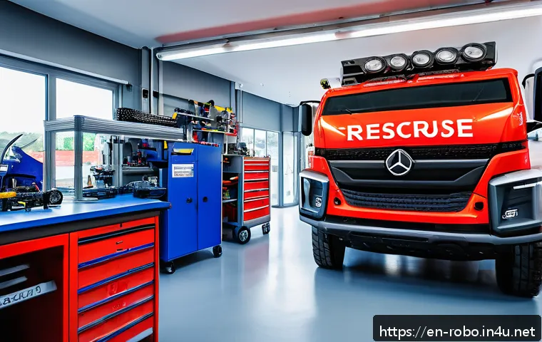 로보카폴리 정비소 이야기 - A detailed scene inside a modern rescue vehicle repair shop featuring a diverse team of skilled mech...