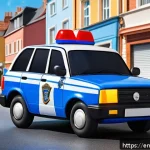 로보카폴리 초기 스케치 - A vibrant, child-friendly police car character with rounded edges and large expressive eyes, painted...