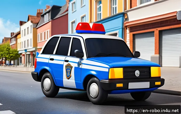 로보카폴리 초기 스케치 - A vibrant, child-friendly police car character with rounded edges and large expressive eyes, painted...