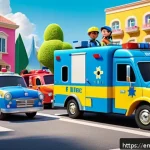 로보카폴리 글로벌 인기 요소 - A vibrant, colorful scene featuring a group of friendly rescue vehicles designed as animated charact...