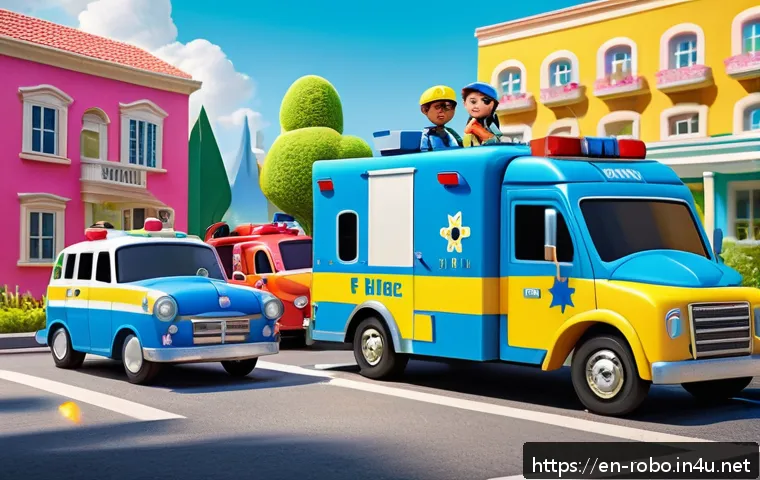 로보카폴리 글로벌 인기 요소 - A vibrant, colorful scene featuring a group of friendly rescue vehicles designed as animated charact...
